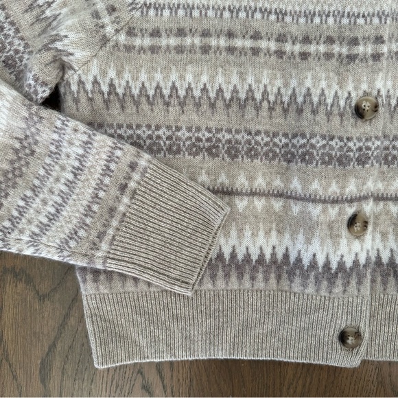 EUC White + Warren Warm Neutral Cashmere Fair Isle Cardigan Sweater Tan Cream M - Picture 4 of 8